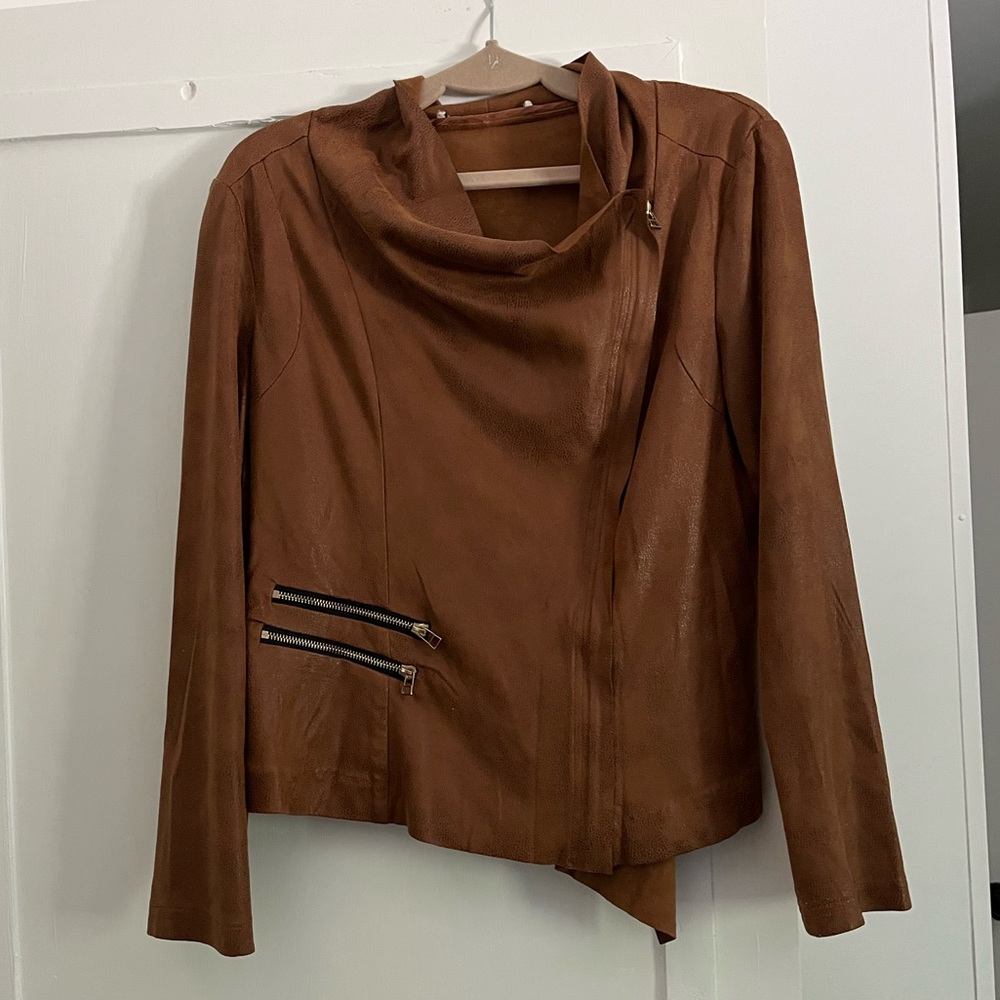 Soft, brown, faux leather moto jacket